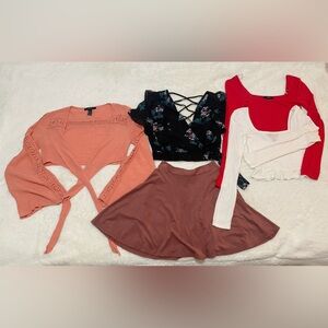 5 items bundle ! Skirt, 3 long sleeve crop tops, one blouse with ruffles.